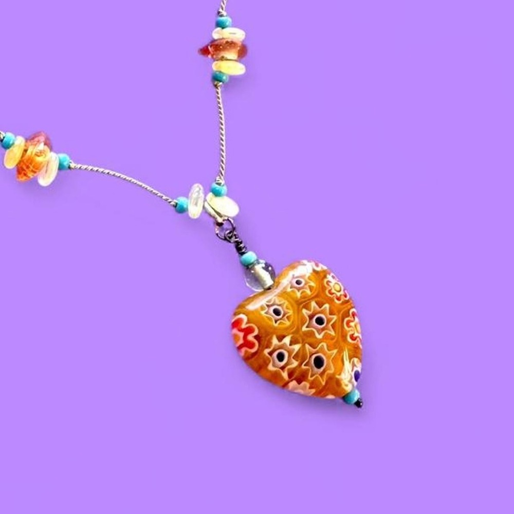 Colorful Millefiori Heart Pendant Necklace